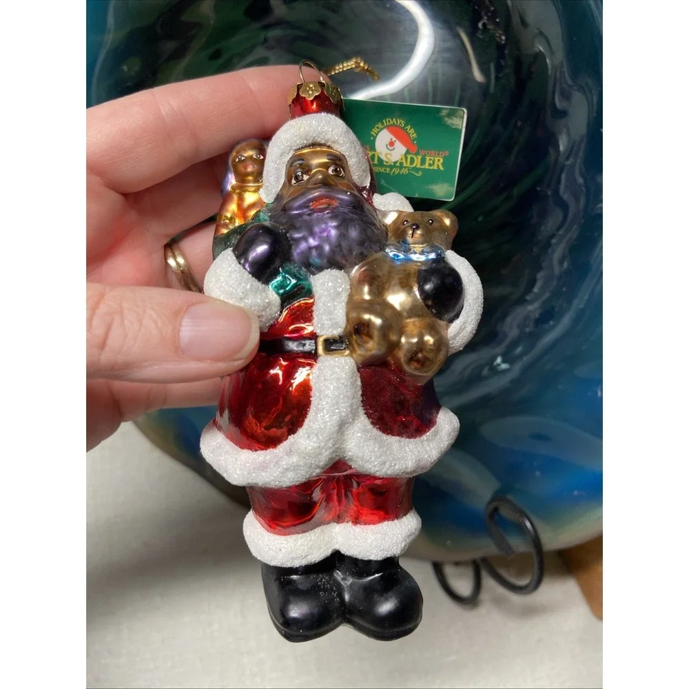 Polonaise Kurt Adler Black American Santa Claus Glass Christmas Ornament Tag+Box